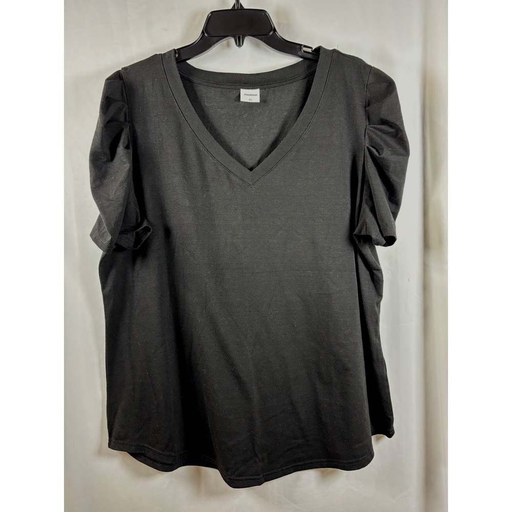 Xieerduo Womens Black V-Neck Pleated Puff Short Sleeve Knit Top XL